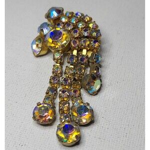 Vintage Aurora Borialis Crystal Rhinestone Brooch pin One set missing 2.5"